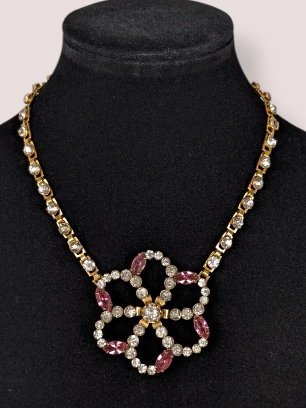 Vintage Mid-Century Pink & White Rhinestone Necklace